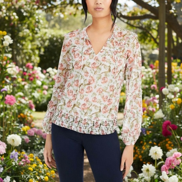 INC International Concepts Floral Smocked Hem Blouse in Margarate Flora Medium - Picture 8 of 8